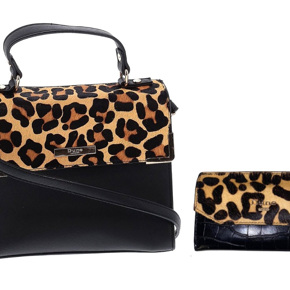 2018 Dune of London Bags Black Leather/Cheetah Print Handbag & Wallet